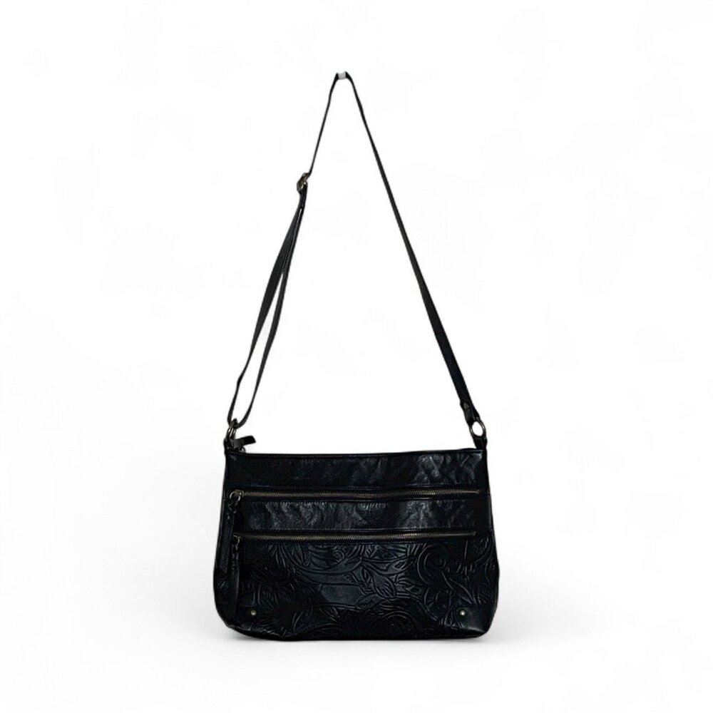 The Sak Collective Black Embossed Leather Crossbody Shoulder‎ Bag Purse Adjust